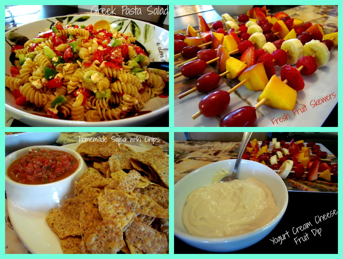 A Yummy Sunday Lunch: Greek Pasta Salad, Spicy Salsa & Yogurt + Cream Cheese Fruit Dip