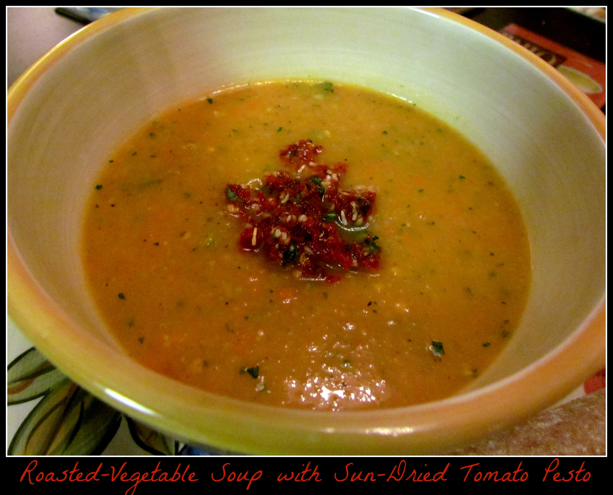 Roasted-Vegetable Soup with Sun-Dried Tomato Pesto