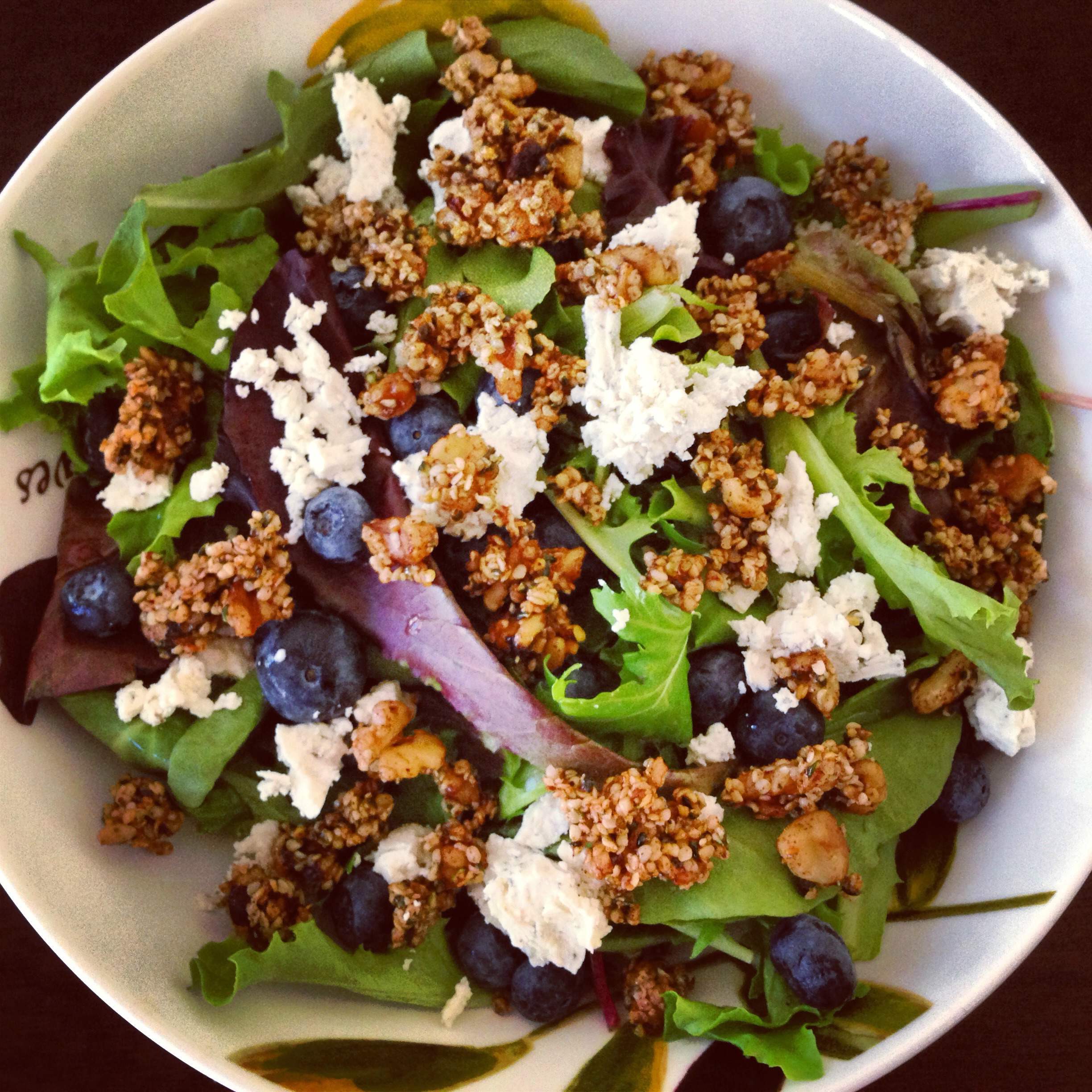 Mixed Green Salad with Blueberries, Goat Cheese & Honeyed Walnut -n- Hemp Seed Clusters
