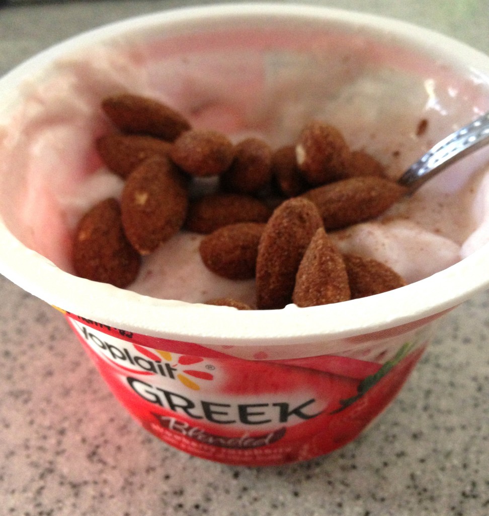 Yoplait strawberry raspberry Greek yogurt with cinnamon almonds
