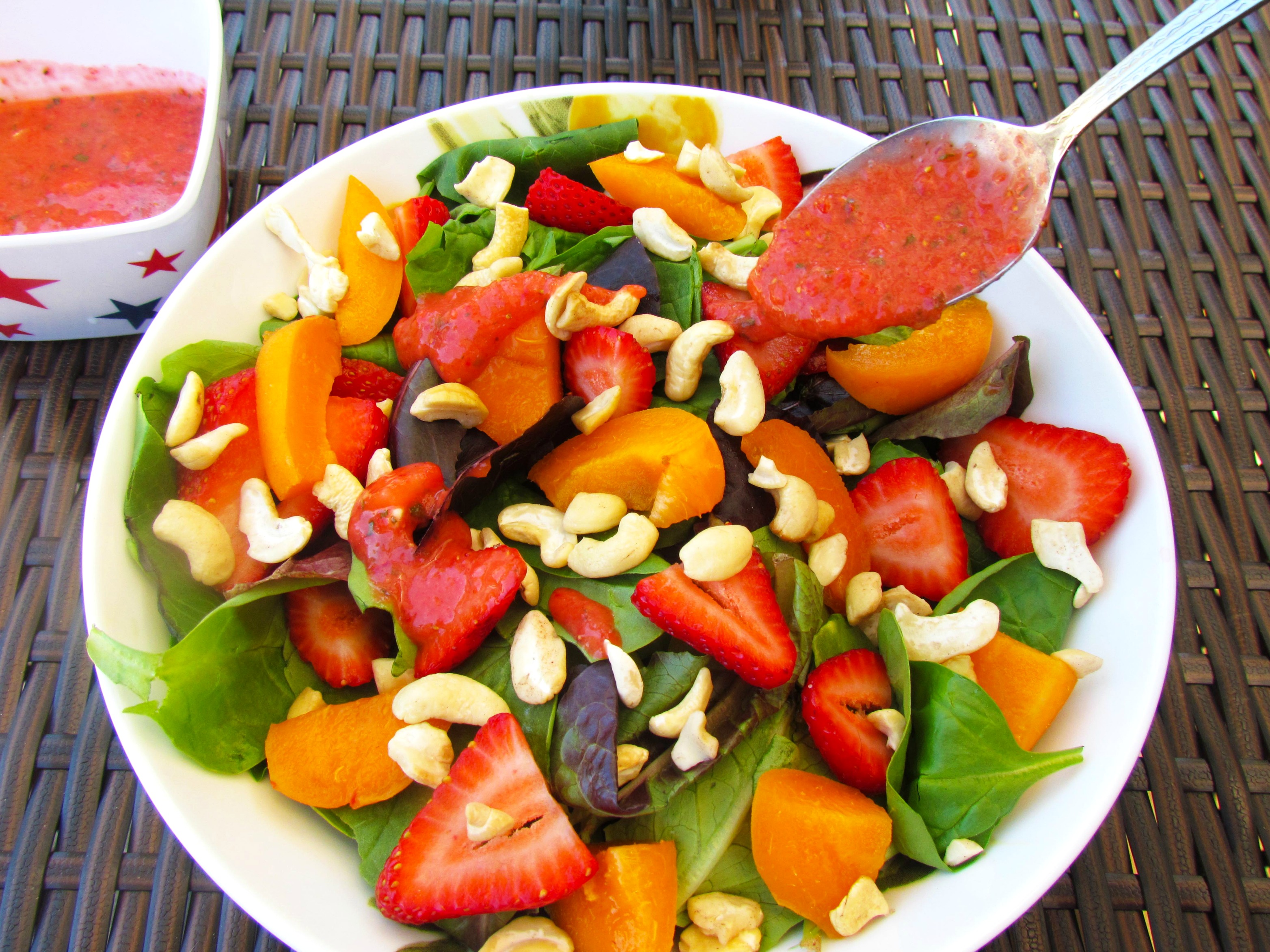 Strawberry, Cashew & Apricot Salad with Strawberry Basil Vinaigrette