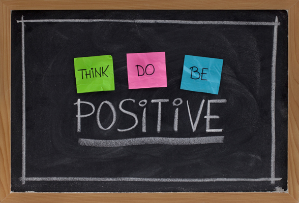 think, do, be positive - positivity concept, color sticky notes, white chalk drawing and handwriting on blackboard