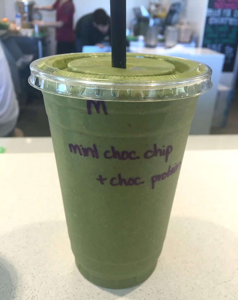 A recent post-workout mint chocolate protein smoothie from a local juice bar