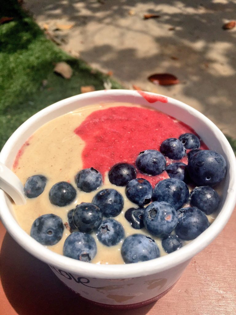 A vegan PB&J smoothie bowl with blueberries from Choice Juicery in Carlsbad