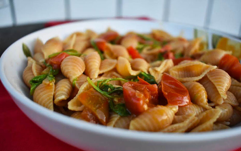 Pasta Shells with Easy Arugula Cherry Tomato Sauce [vegan]