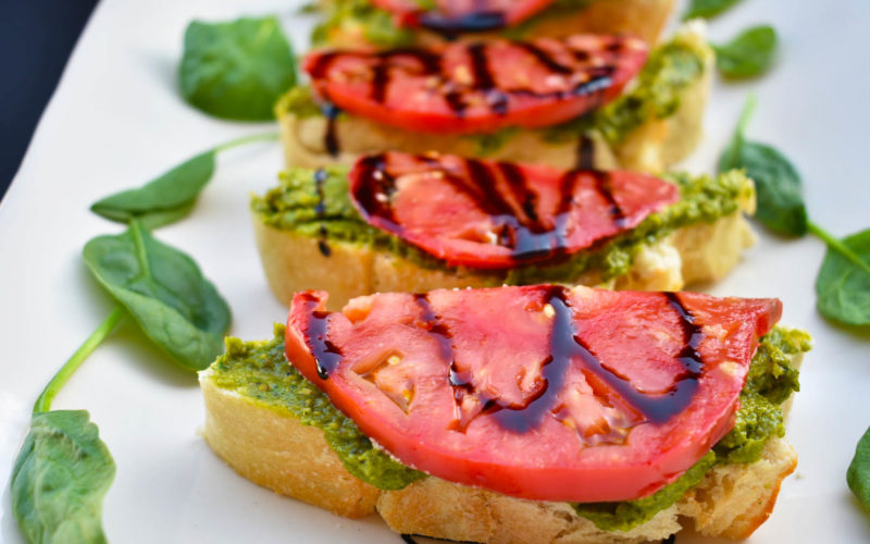 Avocado Pistachio Pesto & Tomato Crostini  [vegan]