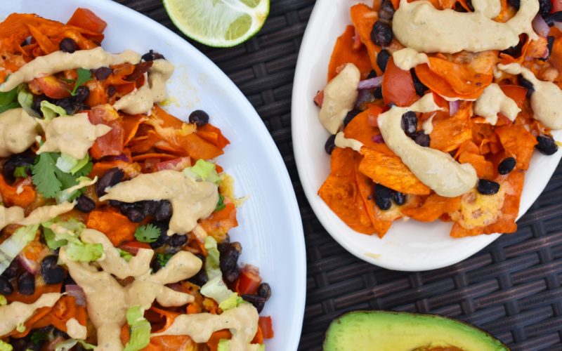 Sweet Potato Nachos with Avocado Lime Cream {gf}