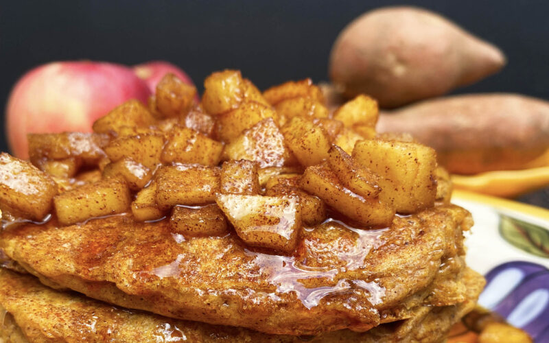Vegan Sweet Potato Protein Pancakes with Maple Apples